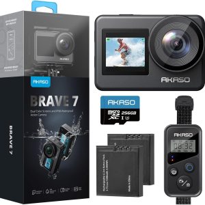 AKASO Brave 7 Action Camera 4K30FPS 20MP with 256GB U3 MicroSDXC Memory Card, Waterproof Camera with Touch Screen IPX8 33FT EIS 2.0 Zoom Support External Mic Voice Control with 2X 1350mAh Batteries
